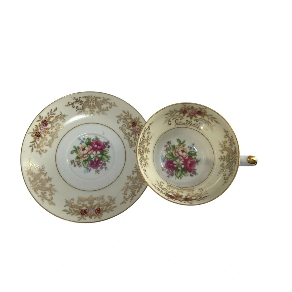 Vintage Footed Tea Cup Saucer Del Mar Hand Painted Floral Design‎ 24K Gold Trim